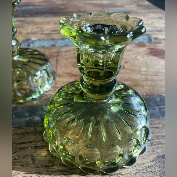 Vintage Pair of Fenton Colonial Green Glass Candlestick Holders - Picture 3 of 5